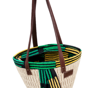 Size 10 sisal handbag with long leather straps and beautiful fabric on the sides